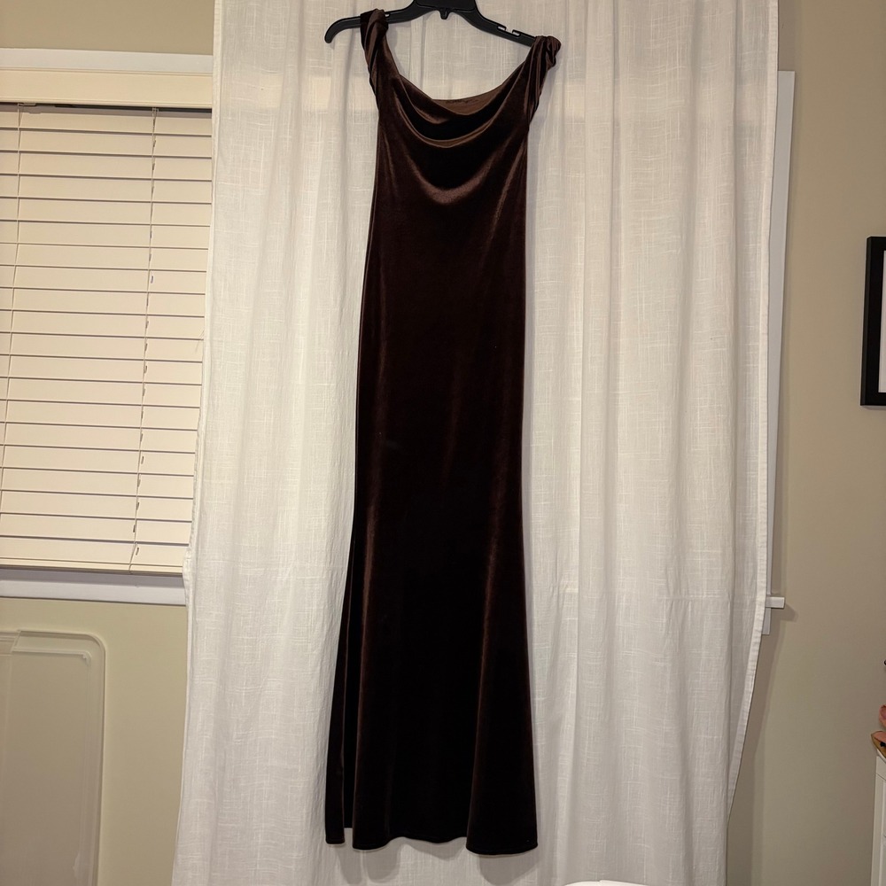 Club L London Maxi Dress Women 4 Brown Velvet Cowl Neck Gown Bodycon Formal Luxe